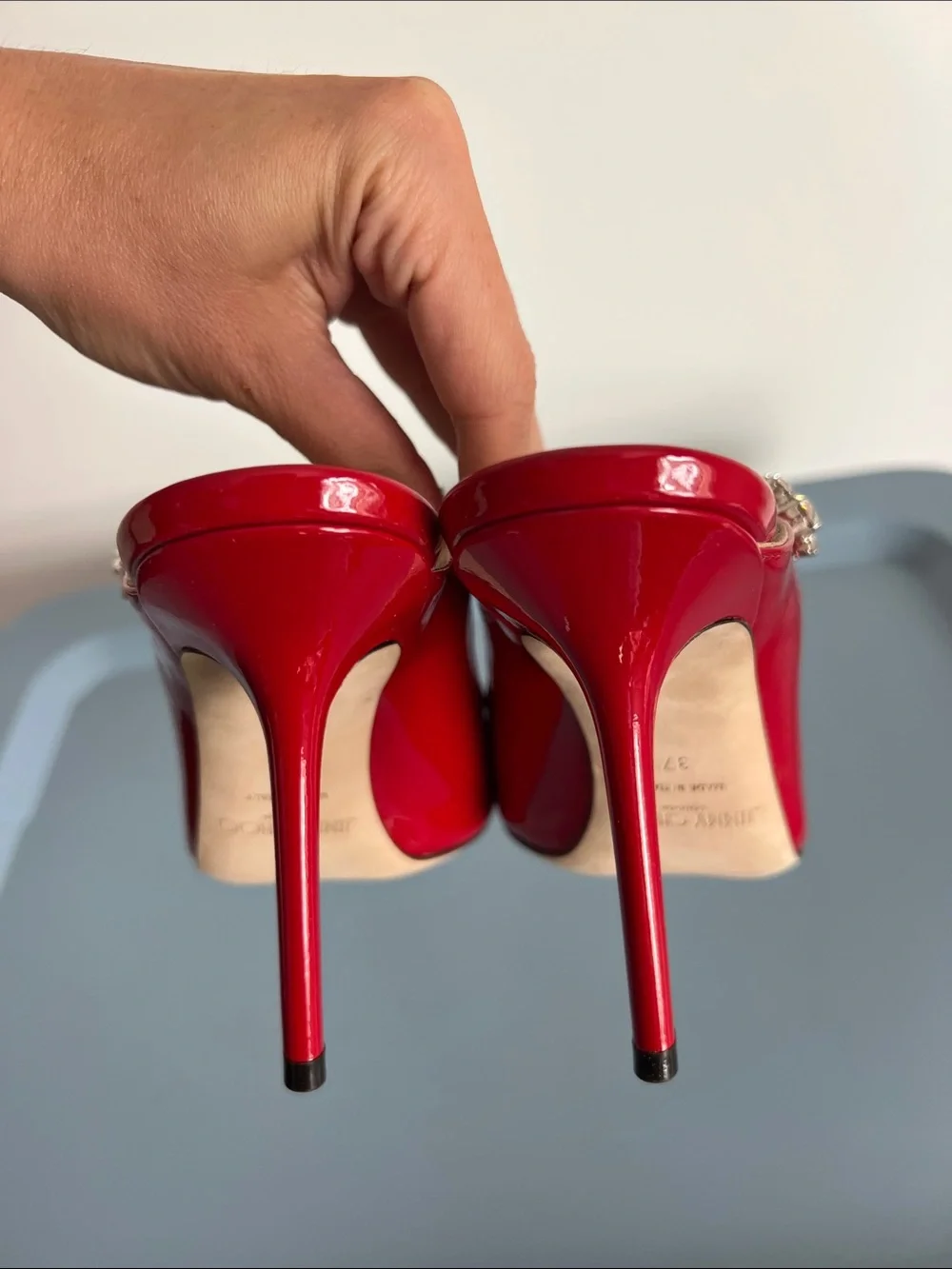 Jimmy Choo bing 100 red patent leather crystal embellished pointed toe pumps 37 - Picture 5 of 8